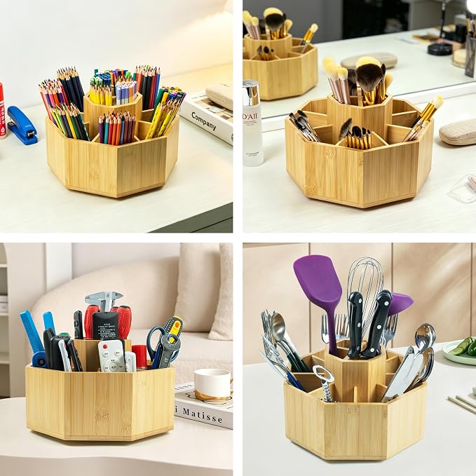 VaeFae 360° Rotating Bamboo Pen Holder Desk Art Supply Organizer | 9-12 Slots - Image 7