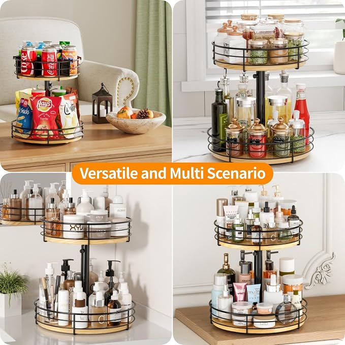 2 Tier Lazy Susan Snack Organizer, Adjustable Height, Wood Rotating Spice Rack - Image 5