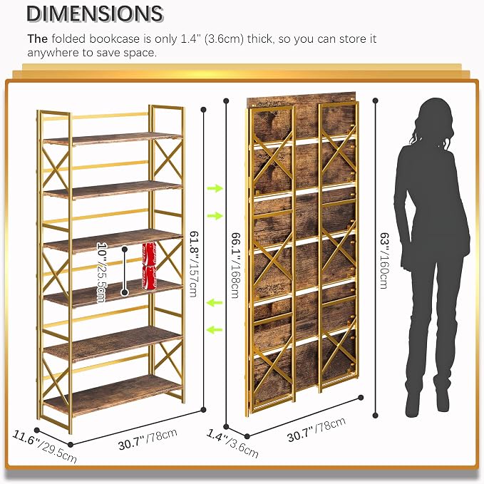 4NM Extra Wide 6 Tiers No Assembly Book Shelves, 61.8" H Folding Bookshelf - Image 2