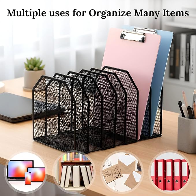 Metal Mesh File Organizer, Adjustable 7 Section Vertical Desk File Holder - Image 4