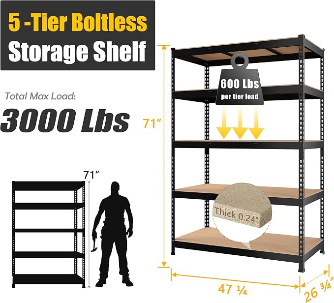 PrimeZone 47" W x 23.6" D x 71" H Large Heavy Duty Storage Shelves - Image 3