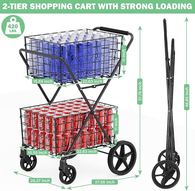  2-Tier Large Collapsible Grocery Cart On Wheels 400lbs Shopping Cart | - Image 2