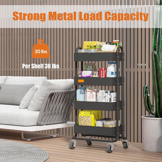 4-Tier Metal Rolling Cart with Wheels, 4 Tier Utility Cart with Wheels - Image 3