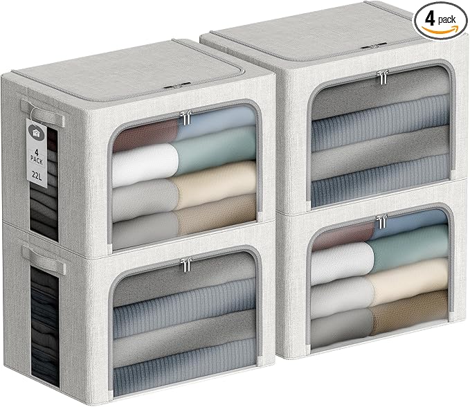 4 Pack Clothes Storage Bins - 22L Stackable Storage Box with Lid，Foldable by Chizjox