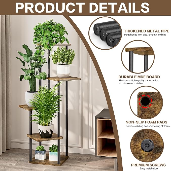 5 Tier Wood Tall Plant Stand Metal Rack Indoor, Planter Shelf Display Rack - Image 3