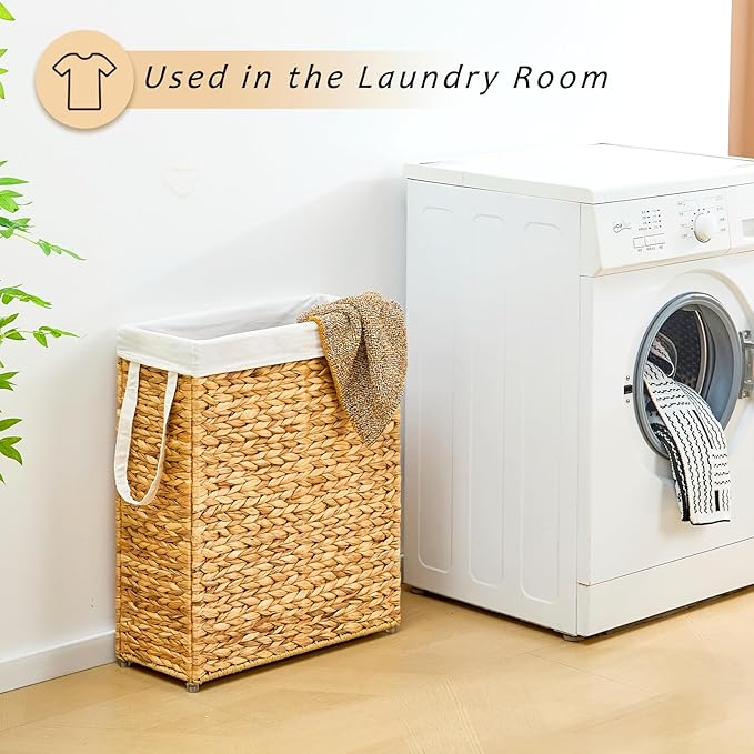 Handwoven Slim Laundry Hamper, 75L Narrow Laundry Basket, Natural Water - Image 3