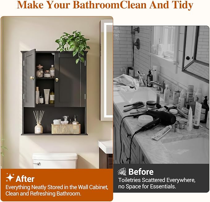 Bathroom Wall Cabinet, Over Toilet Storage Hanging Cabinet Adjustable Shelves - Image 4