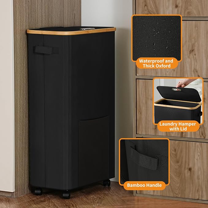 Laundry Basket with Wheels, Dirty Clothes Hamper on Wheels, Rolling Tall - Image 3