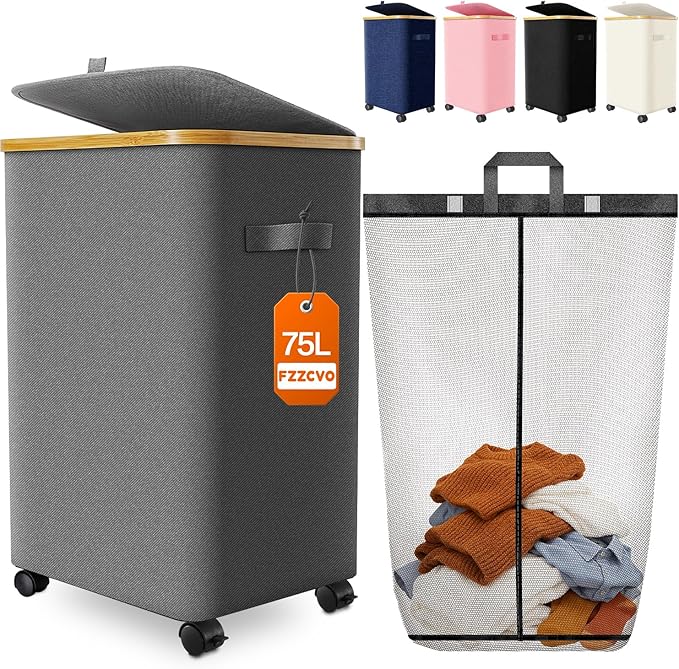 Laundry Hamper with Wheels, 75L Large Clothes Hamper with Removable Inner Bag by Fzzcvo