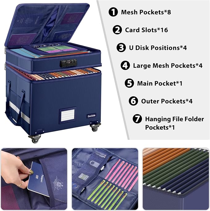 DocSafe File Box with Lock, 2-Layer Fireproof Document Box with Wheels - Image 2