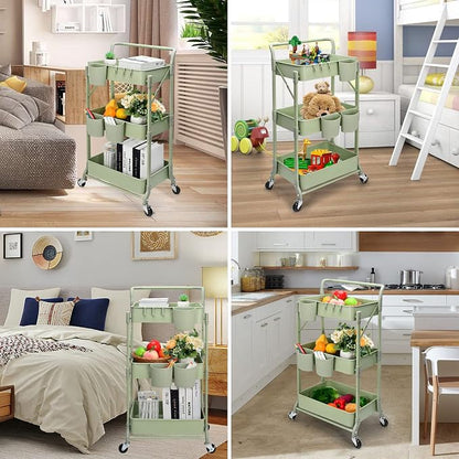 Foldable 3 Tier Rolling Cart, Metal Utility Cart, Folding Mobile Multi-Function - Image 7