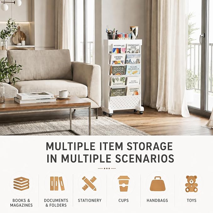 6-Tier Rolling Bookshelf Magazine Rack - Image 6