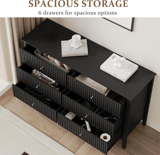 RoyalCraft Black 6 Drawer Dresser Set of 2, Fluted Modern Wood Dresser - Image 4