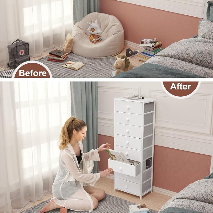 Fabric Dresser for Bedroom, 8 Drawer Tall Vertical Skinny Tower | Wooden Top - Image 8