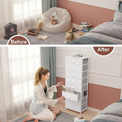 Fabric Dresser for Bedroom, 8 Drawer Tall Vertical Skinny Tower | Wooden Top - Image 8