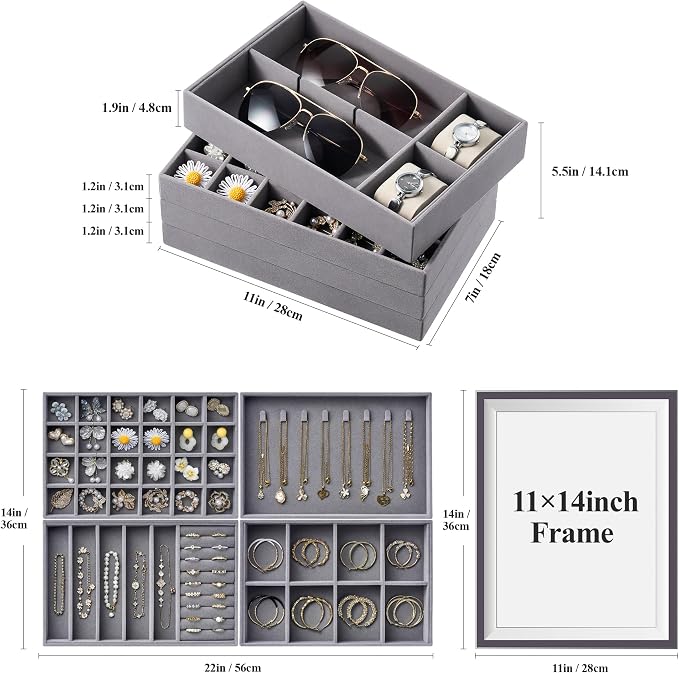Velvet Jewelry Drawer Organizer Trays – Large Grey Stackable Jewelry Storage - Image 2
