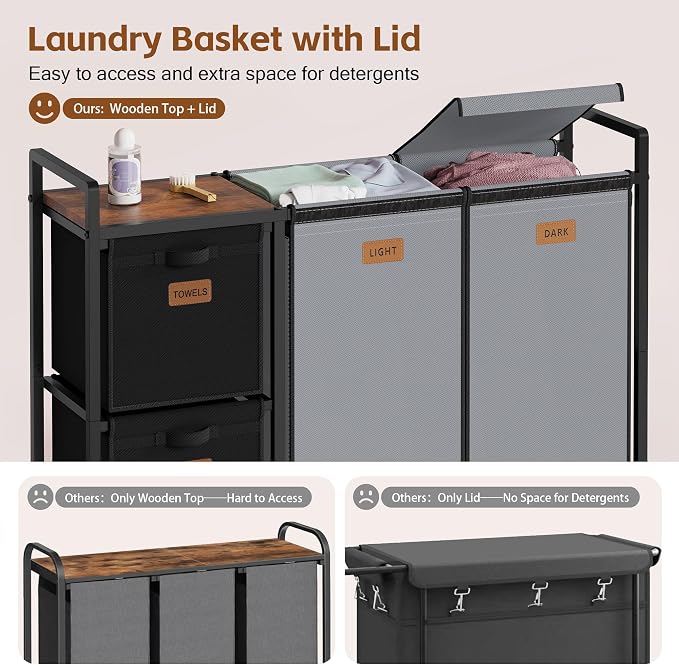 Hoctieon 4 Section Laundry Cart, 48 Gal. Laundry Hamper - Image 3