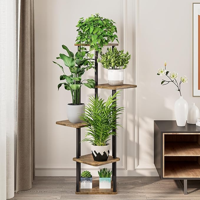 5 Tier Wood Tall Plant Stand Metal Rack Indoor, Planter Shelf Display Rack - Image 5