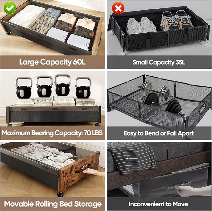 KITHELP Wooden Under Bed Storage - Image 3