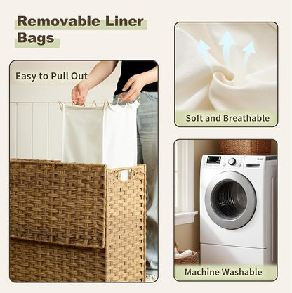 Laundry Hamper with Lid, 110L Rattan Laundry Hamper 2 Section with 50L Storage - Image 6