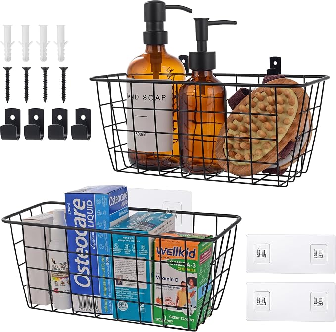Wire Hanging Wall Basket, 2 Black Metal Baskets, Adhesive Cabinet Organizer | by LIGHTDUST