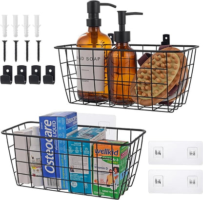 Wire Hanging Wall Basket, 2 Black Metal Baskets, Adhesive Cabinet Organizer | by LIGHTDUST