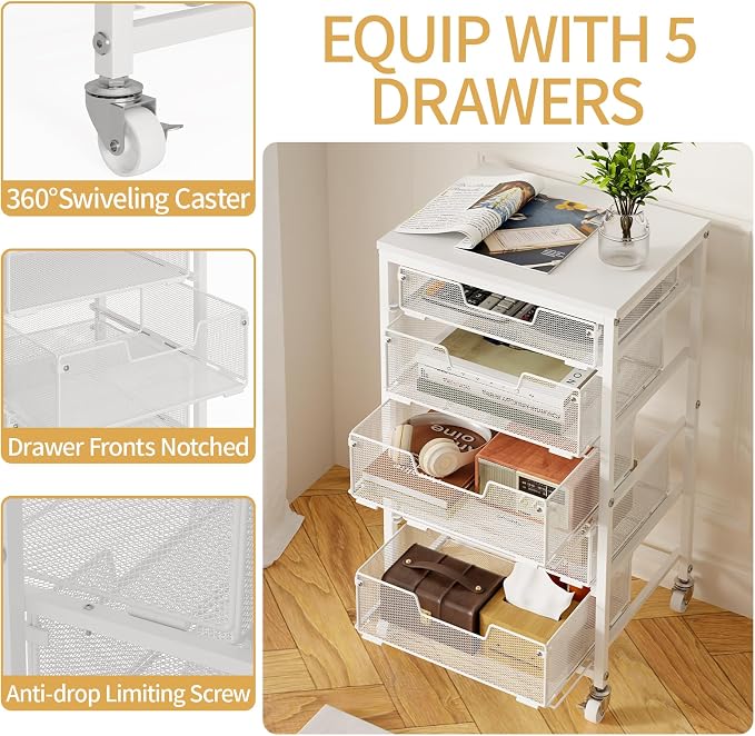 Sbanmao Utility Cart with 5 Drawers, Rolling Storage Cart with Wooden Tabletop - Image 5