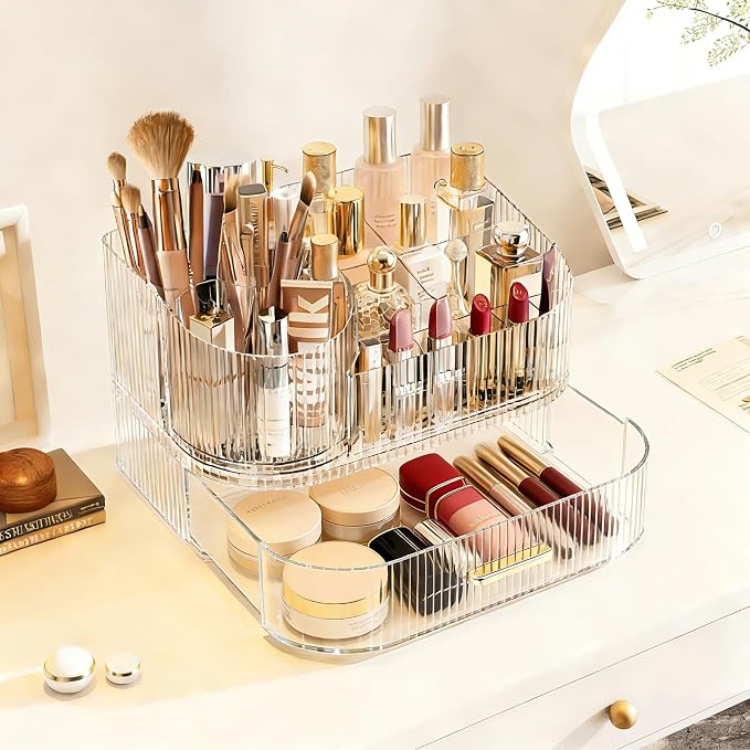 Makeup Organizer with 360° Rotating Brush Holder and Stackable Drawers - Image 3