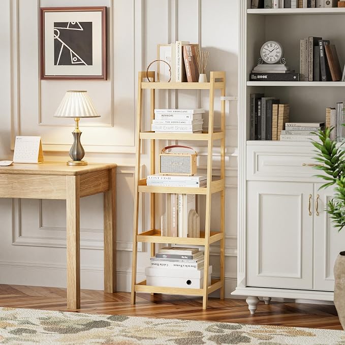 SMIBUY Bamboo Ladder Bookcase, Bathroom Storage Rack Organizer, 4 Tier and 5 - Image 5