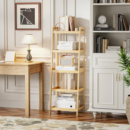 SMIBUY Bamboo Ladder Bookcase, Bathroom Storage Rack Organizer, 4 Tier and 5 - Image 5