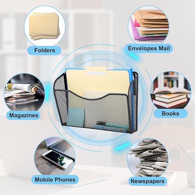 EASEPRES Magnetic 3 Single Pocket Mesh Hanging File Organizer, Vertical Wall - Image 3