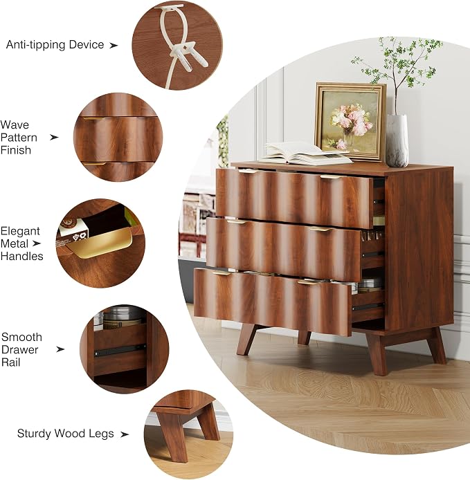 3 Drawer Dresser, Fluted Chest of Drawers - Image 6