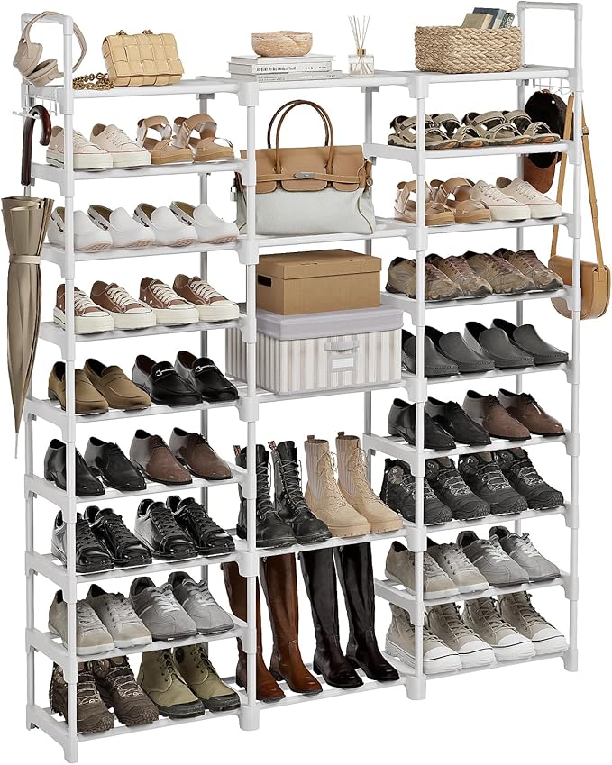 WOWLIVE 9 Tier 3-Column Shoe Rack, 50-55 Pairs Stackable White | 50in long by WOWLIVE
