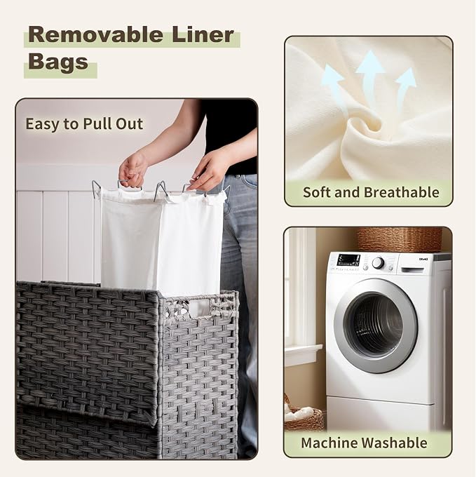 Laundry Hamper with Lid, 110L Rattan Laundry Hamper 2 Section with 50L Storage - Image 6