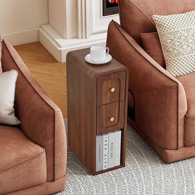 Narrow Nightstand with 2 Drawers, Small Bedside Tables, Mid-Century Modern Slim - Image 3