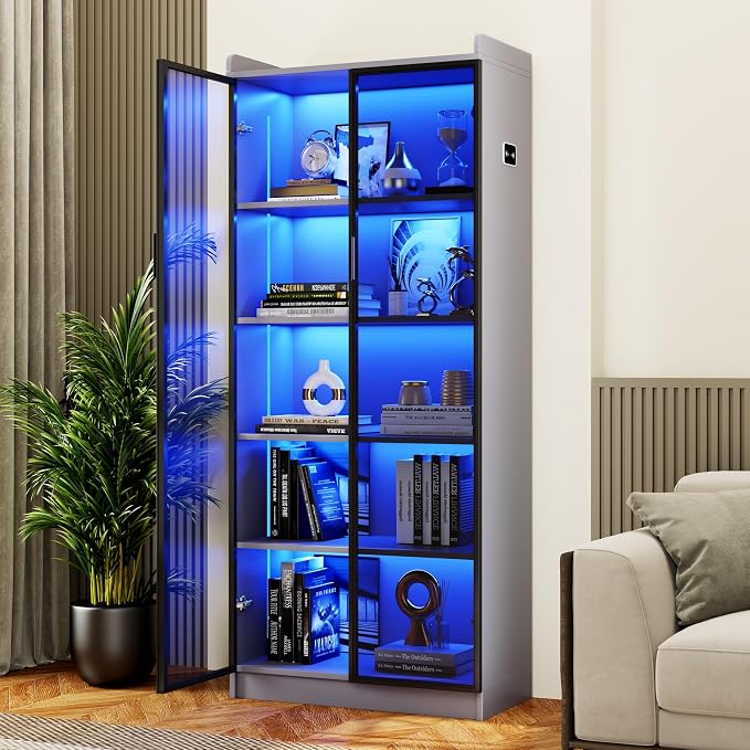 65" Tall Display Cabinet with Doors, Lighted Bookcase with Lights/Human Sensor by CraftYourIdealHomeLife