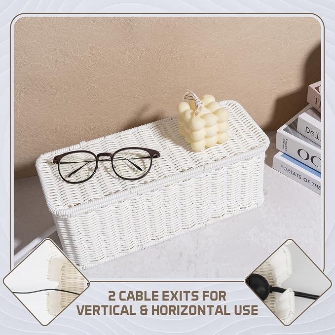 Cable Management Box, Handmade Rattan Cable Organizer, 2 Open Slots Cords Hider - Image 7