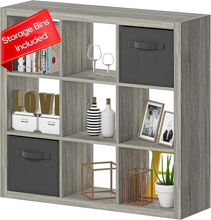 Bookshelf with Storage Bins, 9-Cube Storage Organizer Sturdy Wooden Bookcase by furtble