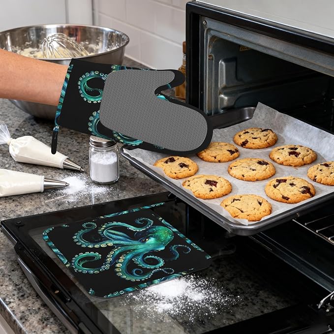 Octopus Silicone Oven Mitts and Pot Holders, Heat-Resistant 4 Piece Kitchen Set - Image 4