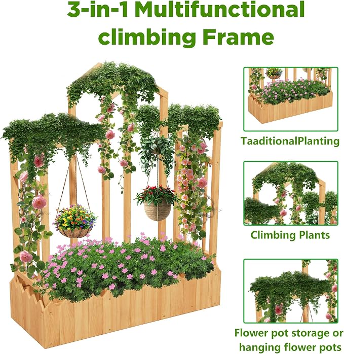 Raised Garden Beds with Arch Trellis Outdoor, Wooden Planter Boxes with Hanging - Image 5
