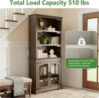 70 Inch Farmhouse Bookcase, Walnut Two-Tone Shelves, 5 Tier Bookshelf - Image 6