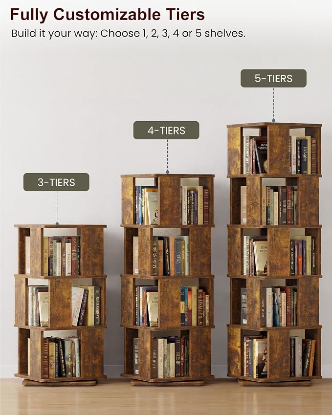 5-Tier Rotating Bookshelf Tower, 360° Square Spinning Book Shelf | Floor - Image 4
