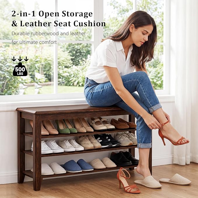 Taitiy Shoe Bench Storage Rubberwood, Entryway Bench - Image 4
