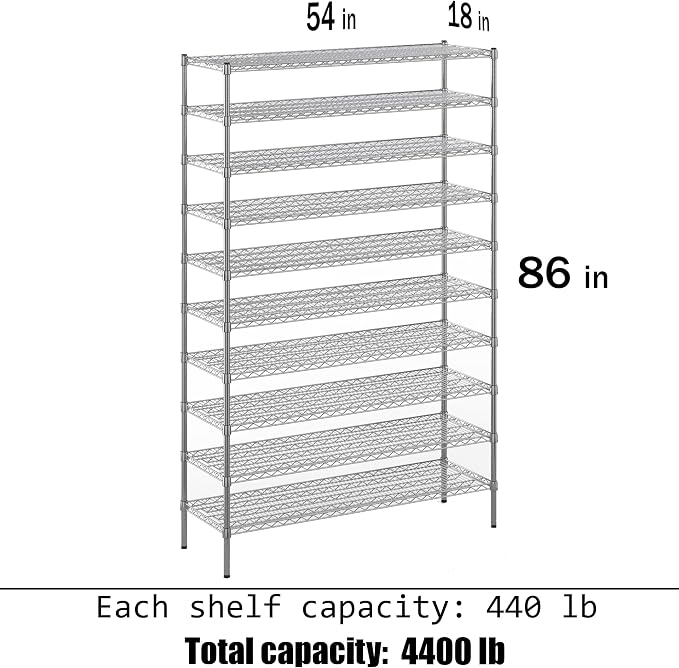 18" Deep x 54" Wide x 86" Height Wire Shelving Kit | 10-Tier | NSF Commercial - Image 3