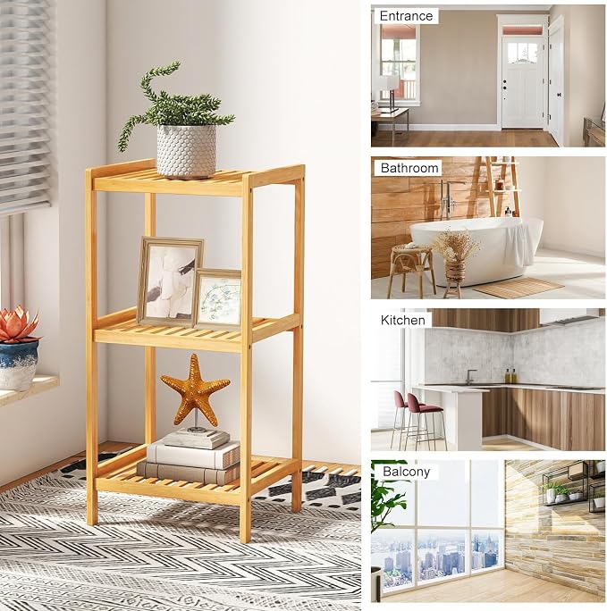 kinbor 3-Tier Bamboo Shelf Freestanding, Bathroom Standing, Natural Bamboo - Image 9