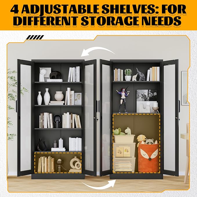 Metal Storage Cabinet with Lock and Glass Doors, Glass Display Cabinet - Image 6