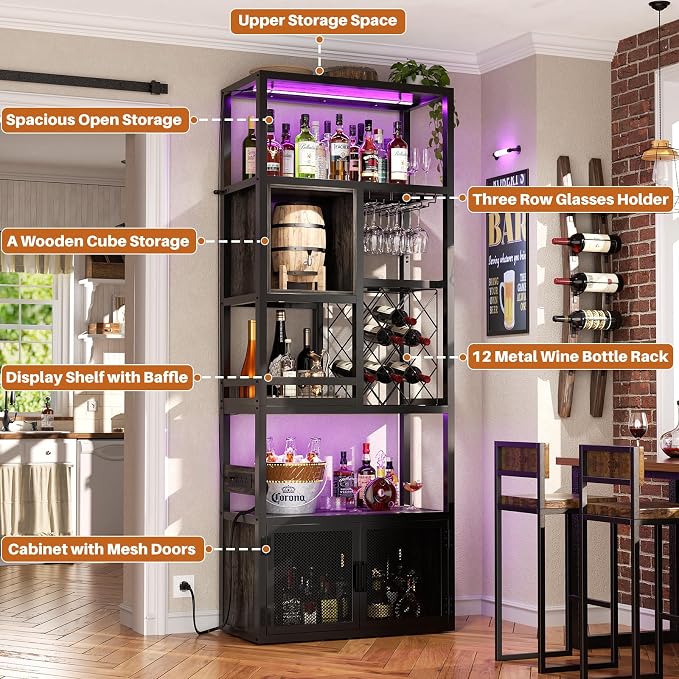 82.6" Tall Bar Cabinet with Power Outlets, 6-Tiers Reversible Wine Cabinet with - Image 6