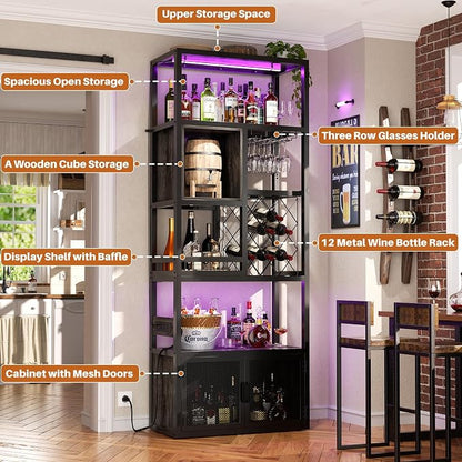 82.6" Tall Bar Cabinet with Power Outlets, 6-Tiers Reversible Wine Cabinet with - Image 6