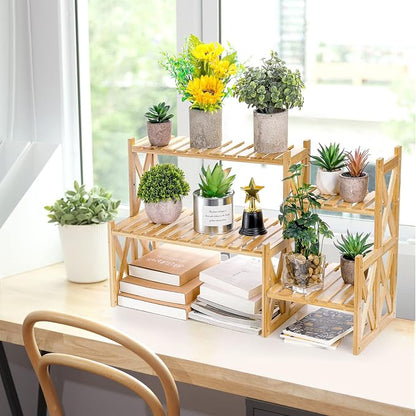 Lawei 2 Tier Bamboo Tabletop Plant Stand, Adjustable Flower Pot Holder Shelf - Image 5