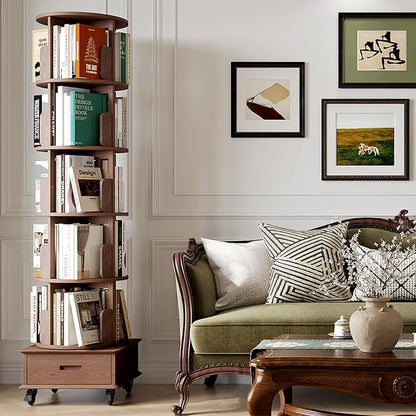 Solid Wood Rotating Bookshelf Tower on Wheels, 5-Tier Spinning Bookcase - Image 7